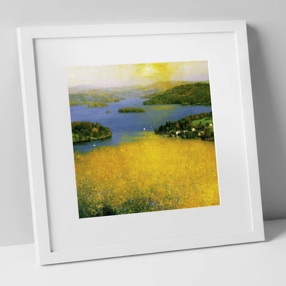 Golden Light Over Bowness Bay lake district village art print in white frame
