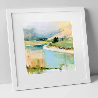 Winding River Valley in Pastel lake district waterfall art print in white frame