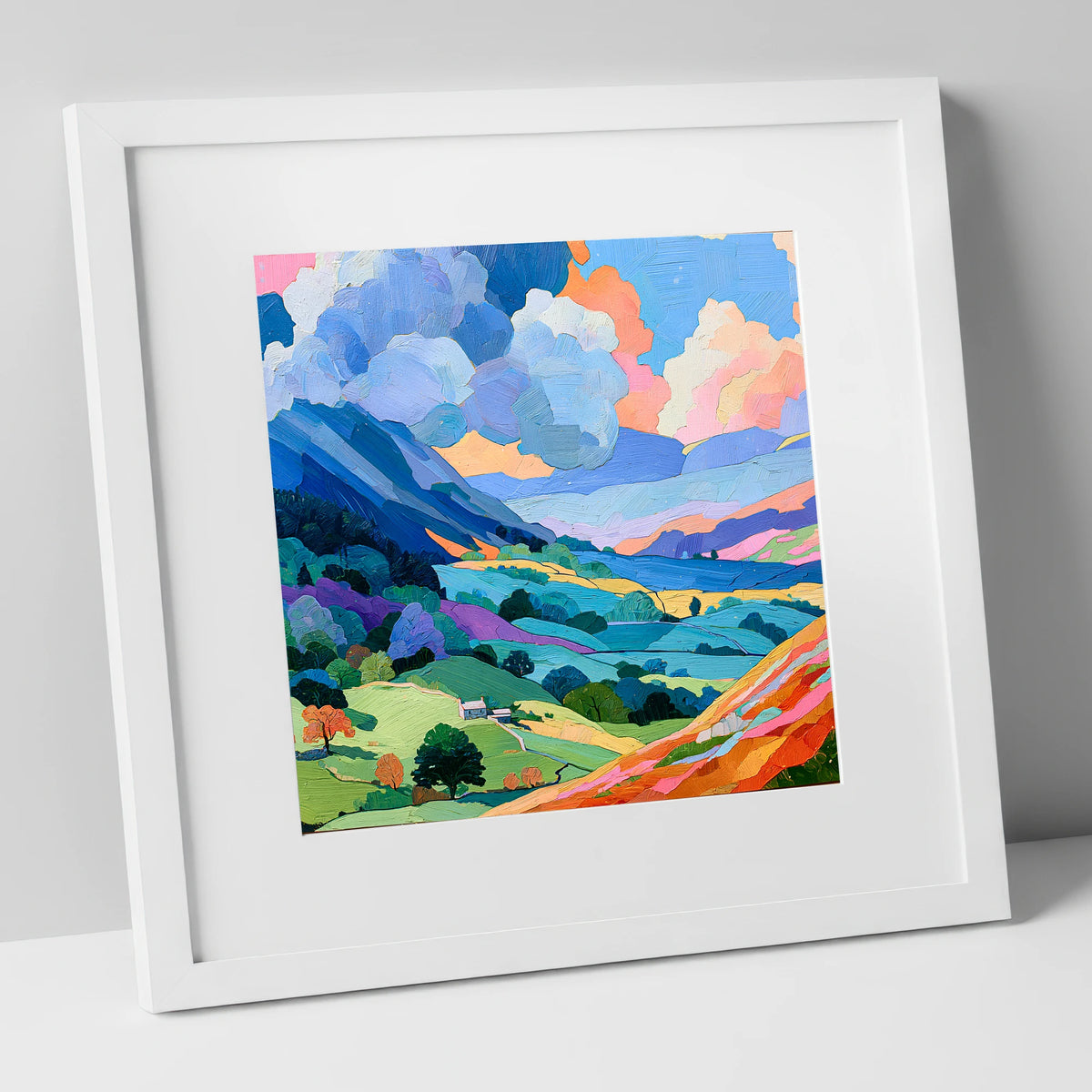 Colourful Fells Under Billowing Clouds lake district fell art print in white frame