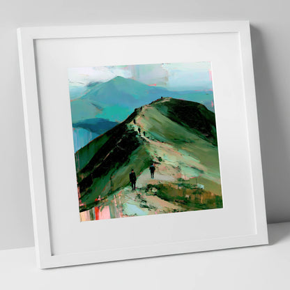 Silhouetted Hikers on Fell Ridge lake district fell art print in white frame