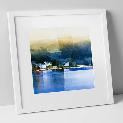 Bowness Bay in Deep Indigo lake district village art print in white frame