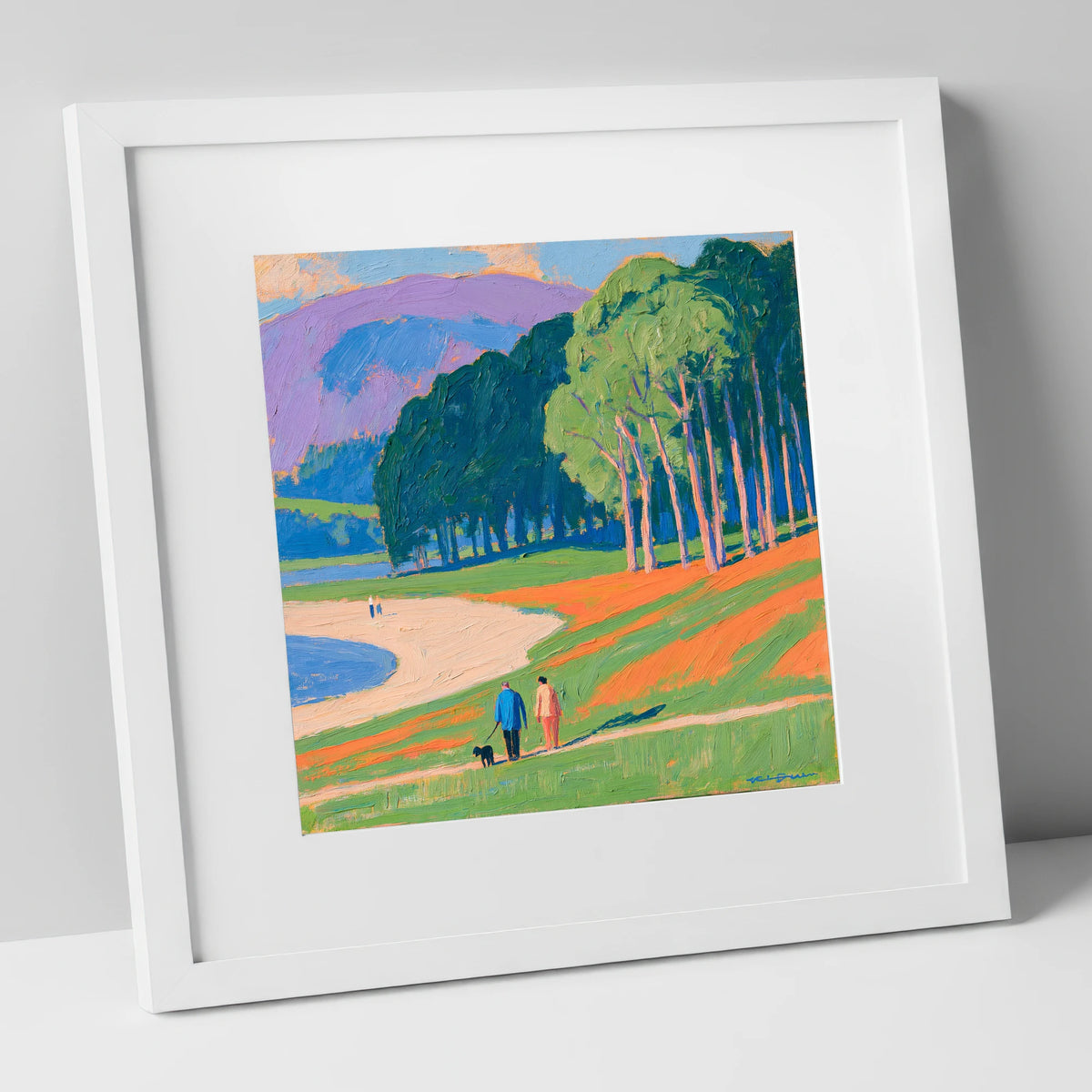 Vibrant Ambleside Dog Walk gifts for dog walkers art print in white frame