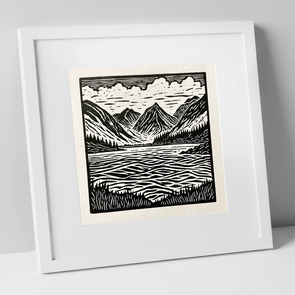 Bold Monochrome Ennerdale Landscape lake district valley art print in white frame