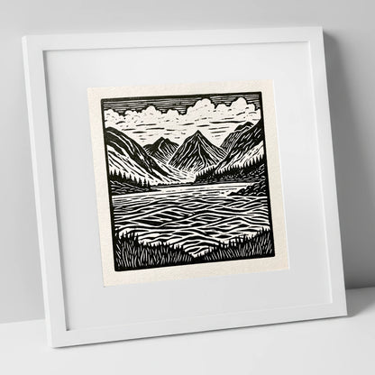 Bold Monochrome Ennerdale Landscape lake district valley art print in white frame