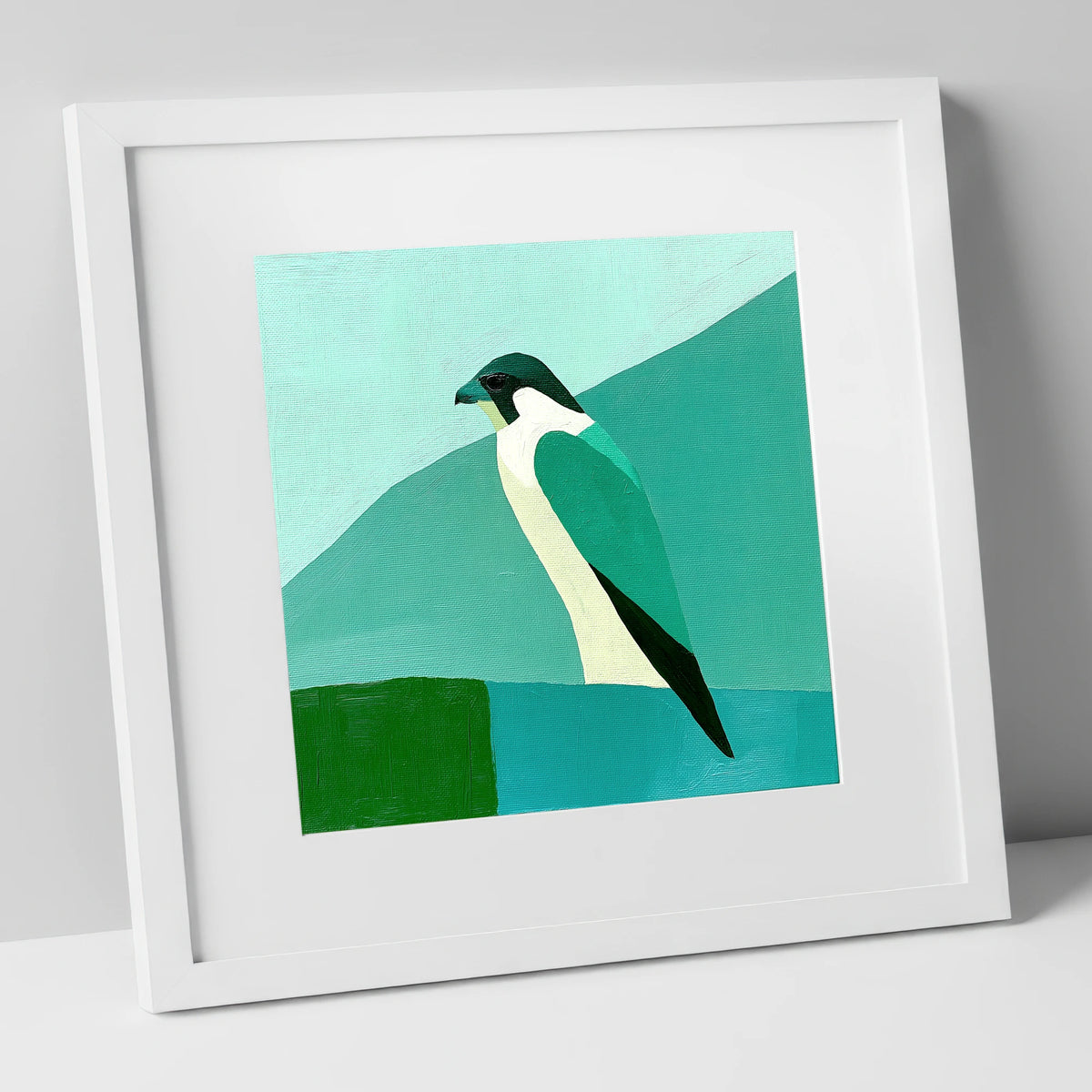 Geometric Teal Peregrine Falcon lake district wildlife art print in white frame