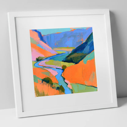 Bold Winding River Valley lake district waterfall art print in white frame
