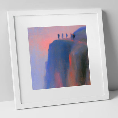Climbers on a Twilight Crag lake district walking art print in white frame