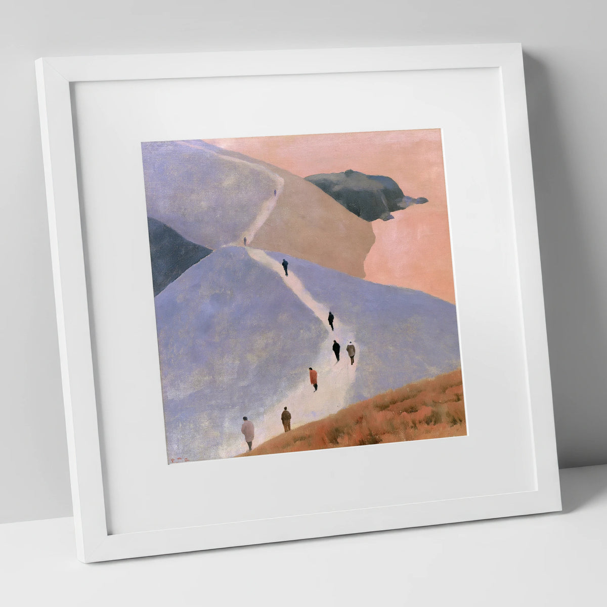 Walkers Ascending the Lavender Fells lake district walking art print in white frame