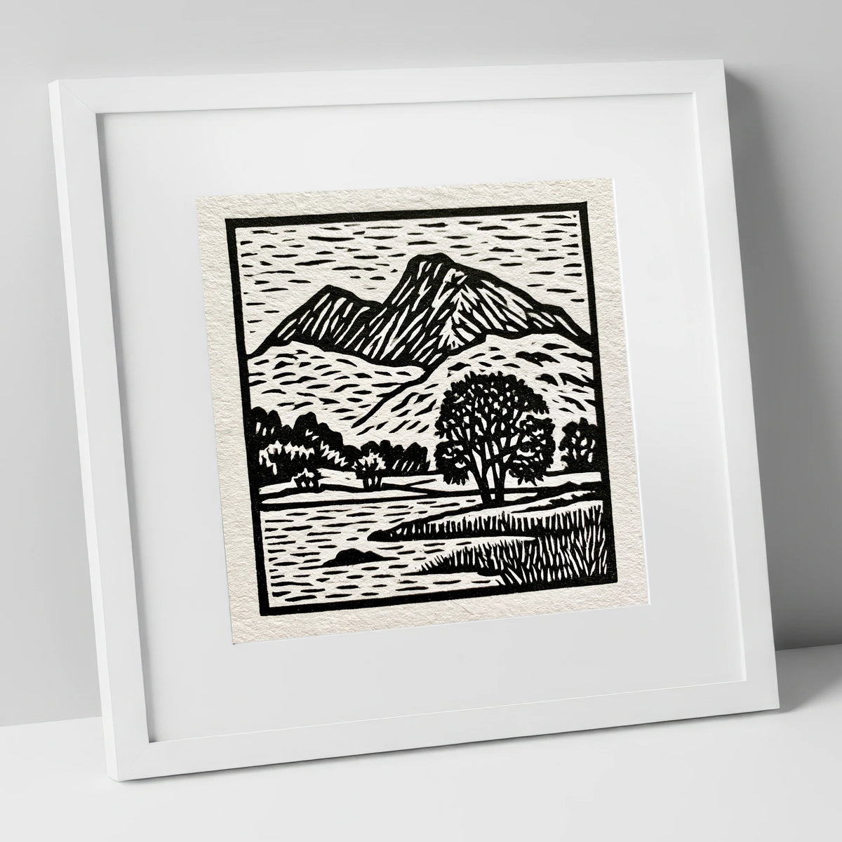 Monochrome Fells Over Grasmere lake district lake art print in white frame