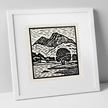 Monochrome Fells Over Grasmere lake district lake art print in white frame
