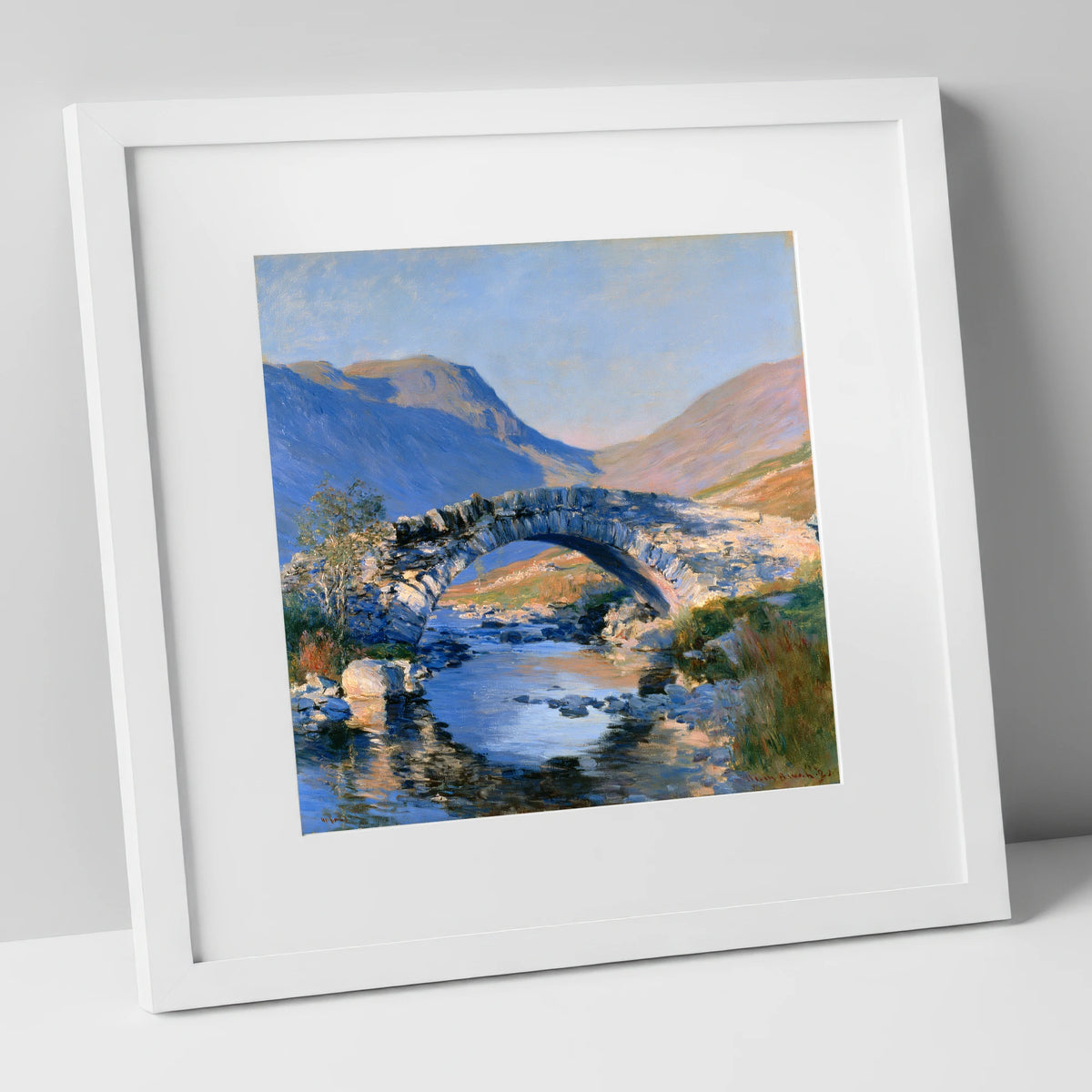 Luminous Stone Bridge Over Mountain Beck lake district waterfall art print in white frame