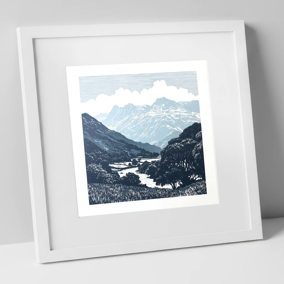 Great Langdale Slate Blue Fells lake district valley art print in white frame