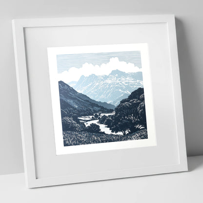 Great Langdale Slate Blue Fells lake district valley art print in white frame