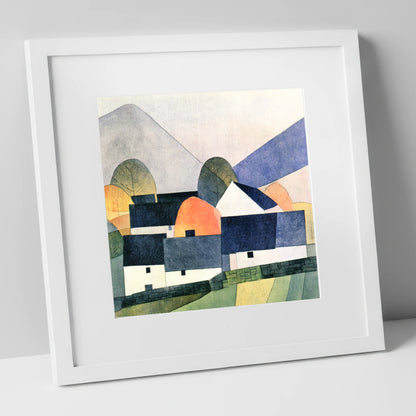Geometric Slate Roofed Cottages lake district village art print in white frame