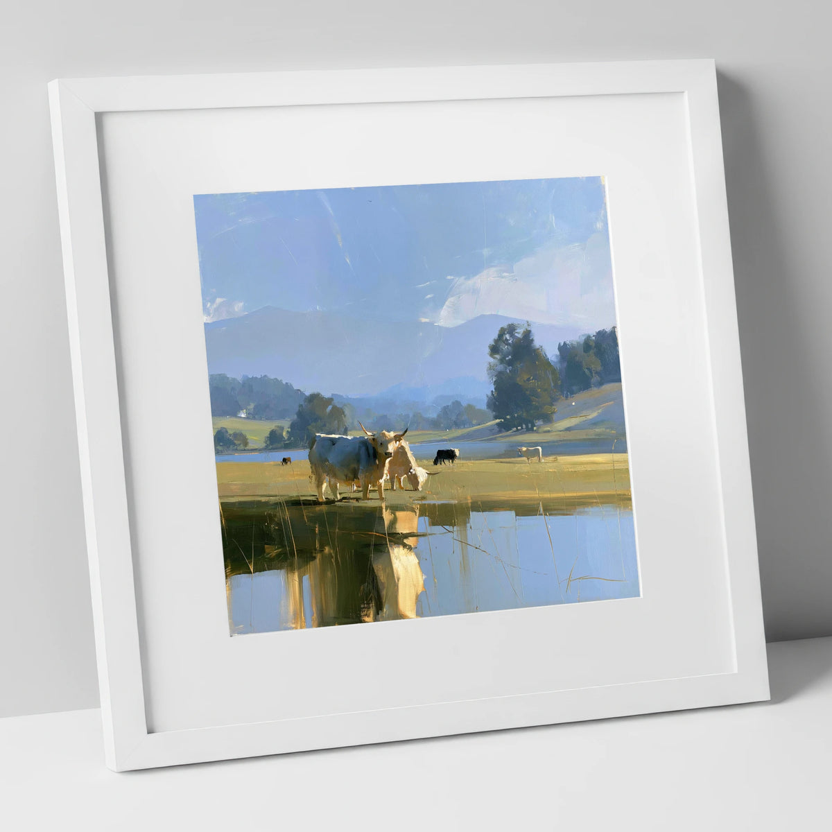 Highland Cattle Lakeshore Reflections lake district wildlife art print in white frame