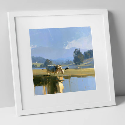 Highland Cattle Lakeshore Reflections lake district wildlife art print in white frame