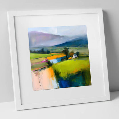 Vibrant Patchwork Valley Fields lake district valley art print in white frame