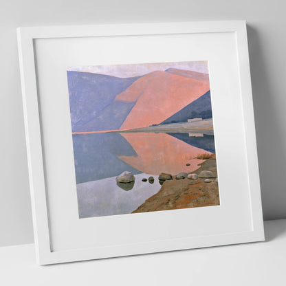 Still Lake beneath Dusk Pink Fells lake district lake art print in white frame