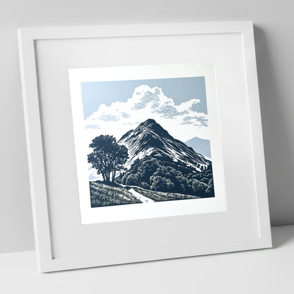 Catbells Fell in Deep Navy lake district fell art print in white frame