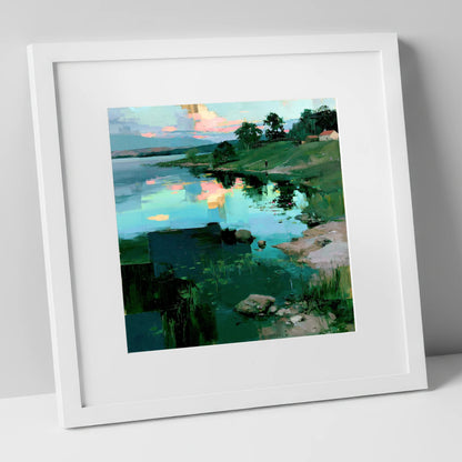 Turquoise Lake at Pink Sunrise lake district lake art print in white frame