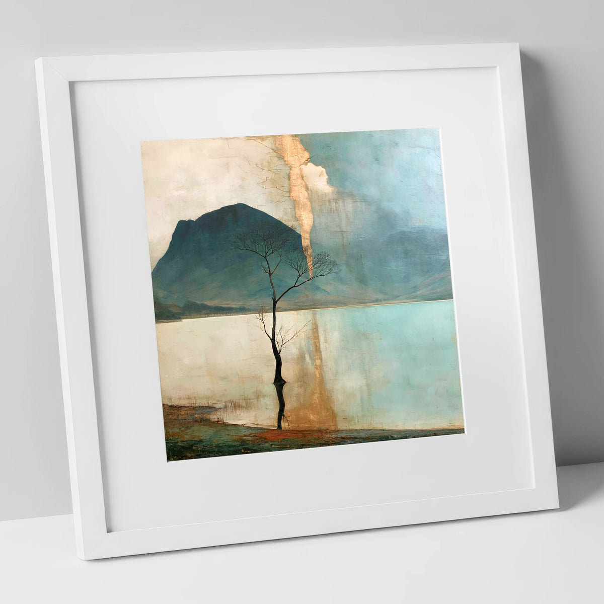 Buttermere Tree in Golden Light lake district lake art print in white frame