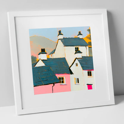 Vibrant Slate Roofed Cottages lake district village art print in white frame