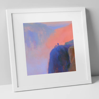 Climbers on an Indigo Crag lake district walking art print in white frame