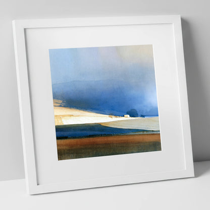 Patchwork Fields Under Indigo Sky lake district valley art print in white frame