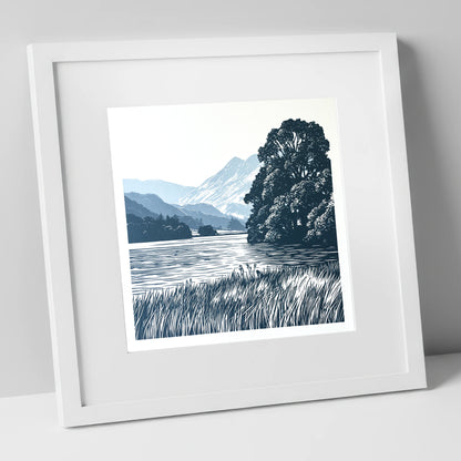 Grasmere Lake in Navy Blue lake district lake art print in white frame