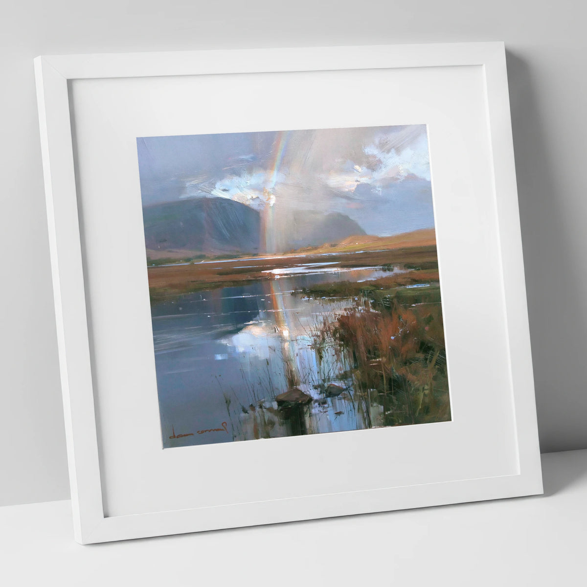Rainbow Reflection Over Valley Waters lake district sky art print in white frame