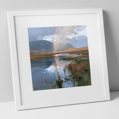 Rainbow Reflection Over Valley Waters lake district sky art print in white frame