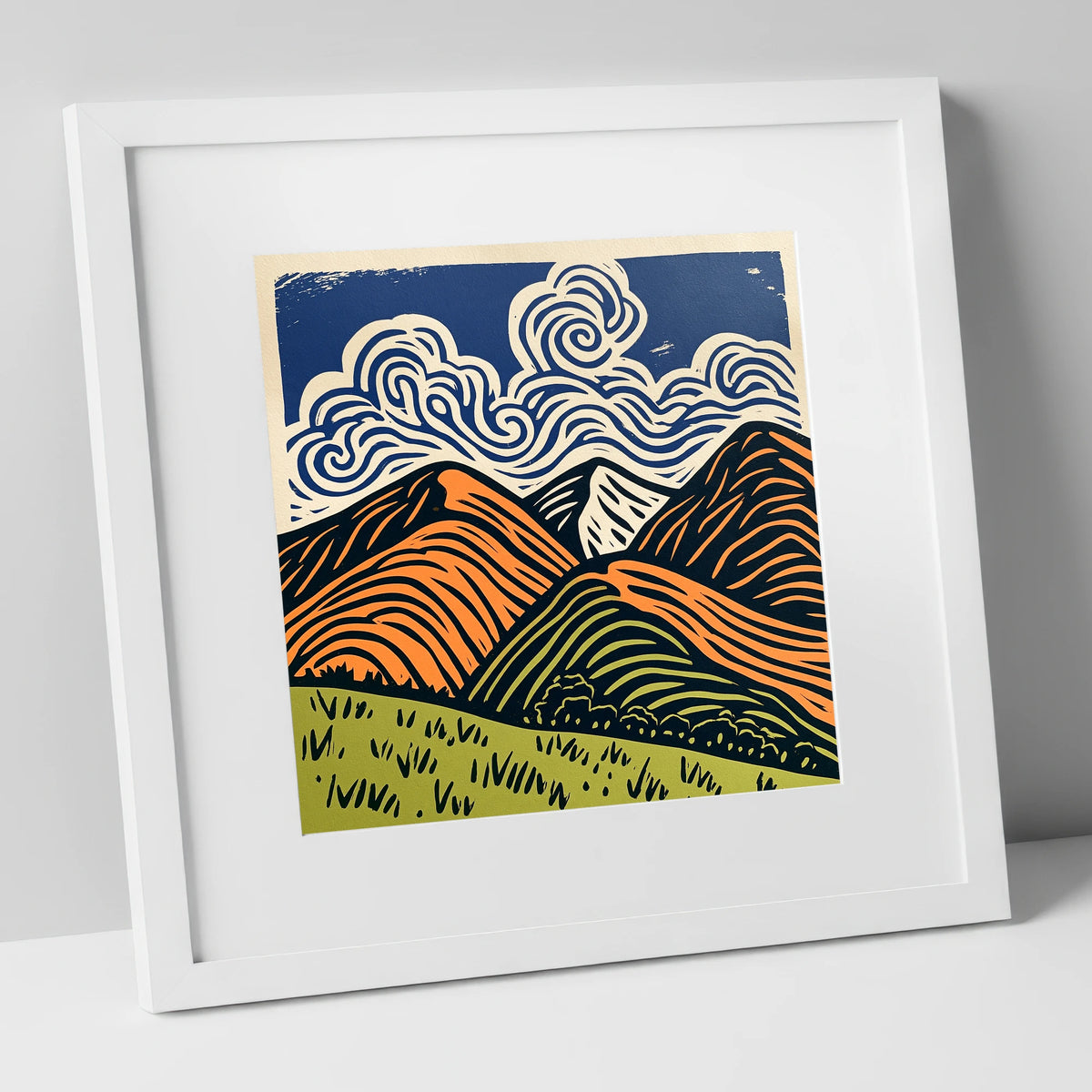 Rolling Fells Under Swirling Clouds lake district fell art print in white frame