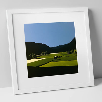 Sunlit Patchwork Fields in a Dale lake district valley art print in white frame