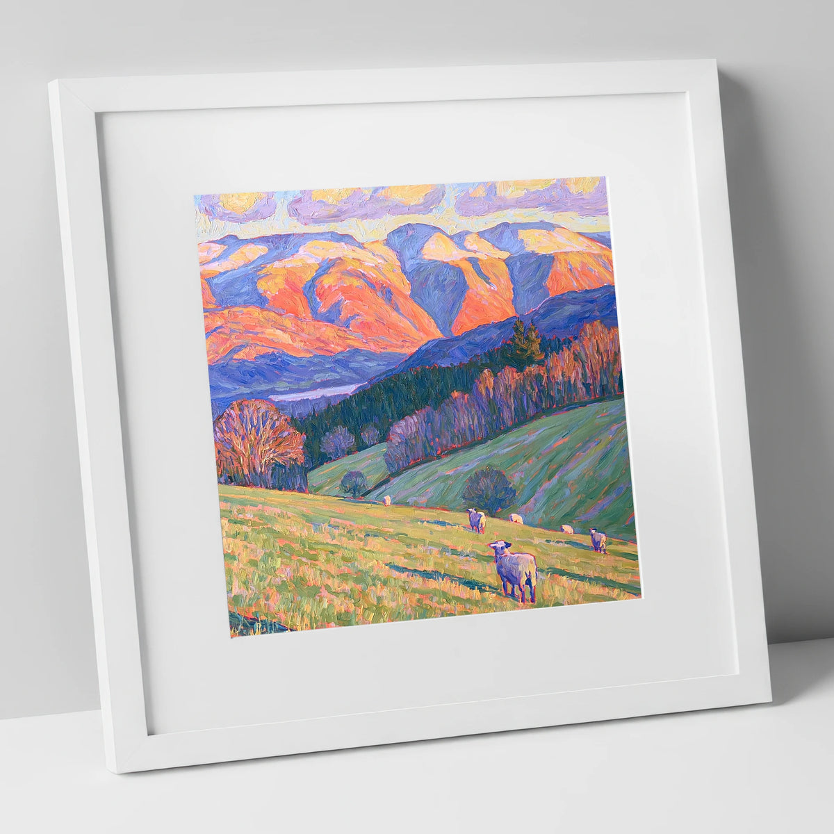 Hawkshead Pastures in Radiant Light lake district village art print in white frame