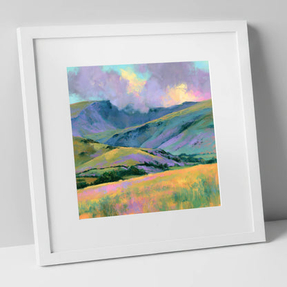 Lavender and Gold Rolling Fells lake district fell art print in white frame
