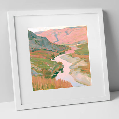 Pastel Light Over Valley River lake district waterfall art print in white frame