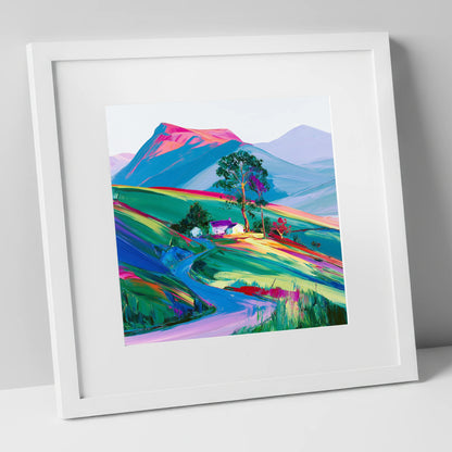 Vibrant Fellside in Evening Light lake district sky art print in white frame