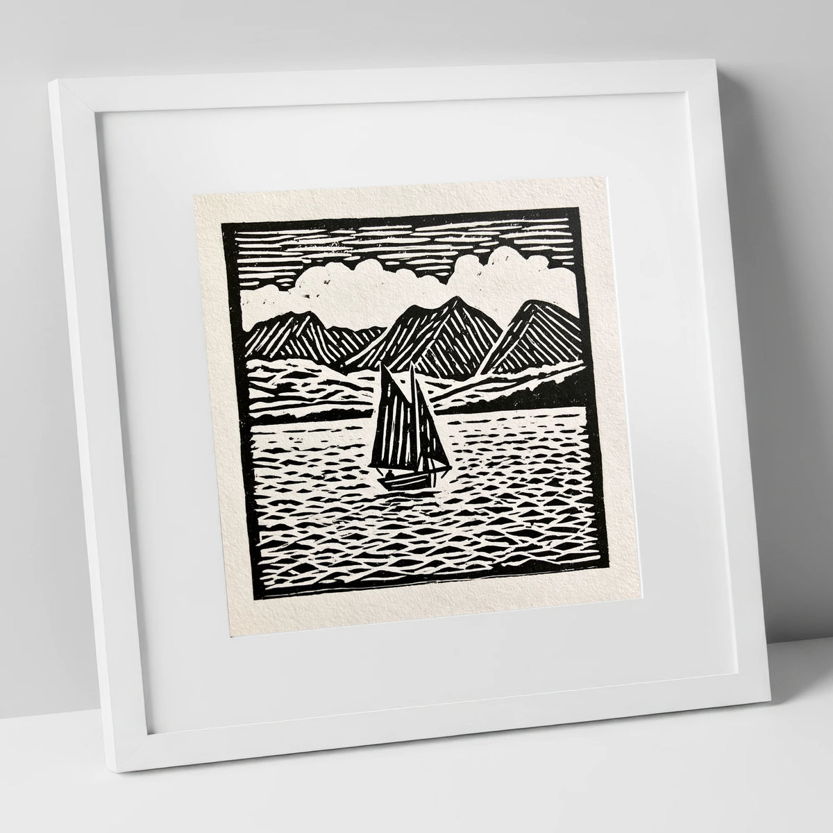 Monochrome Sailing Boat on Windermere lake district lake art print in white frame