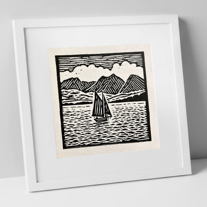 Monochrome Sailing Boat on Windermere lake district lake art print in white frame