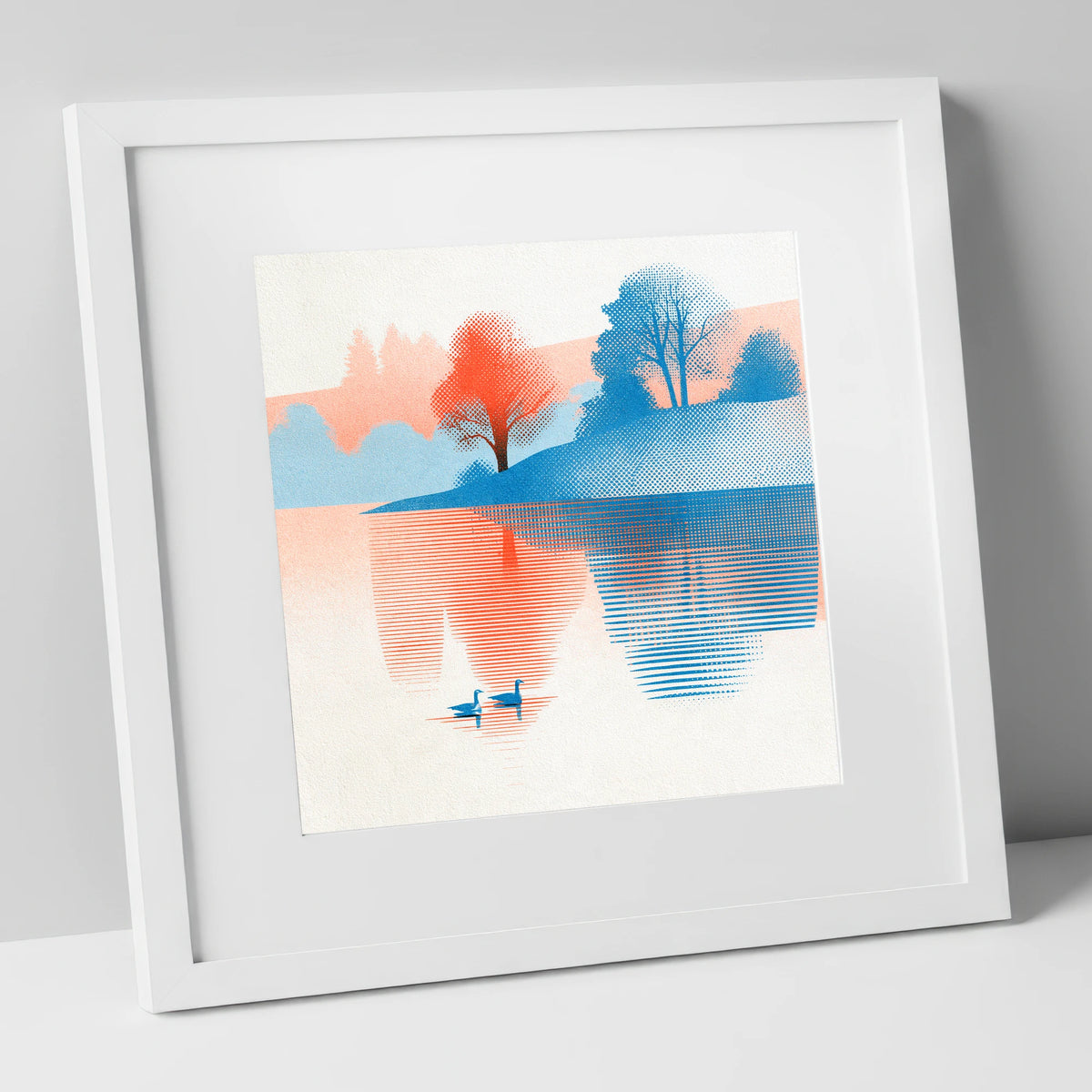 Still Lake at Coral Dawn lake district lake art print in white frame