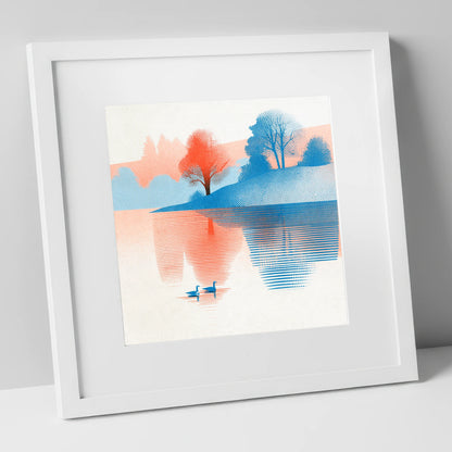 Still Lake at Coral Dawn lake district lake art print in white frame
