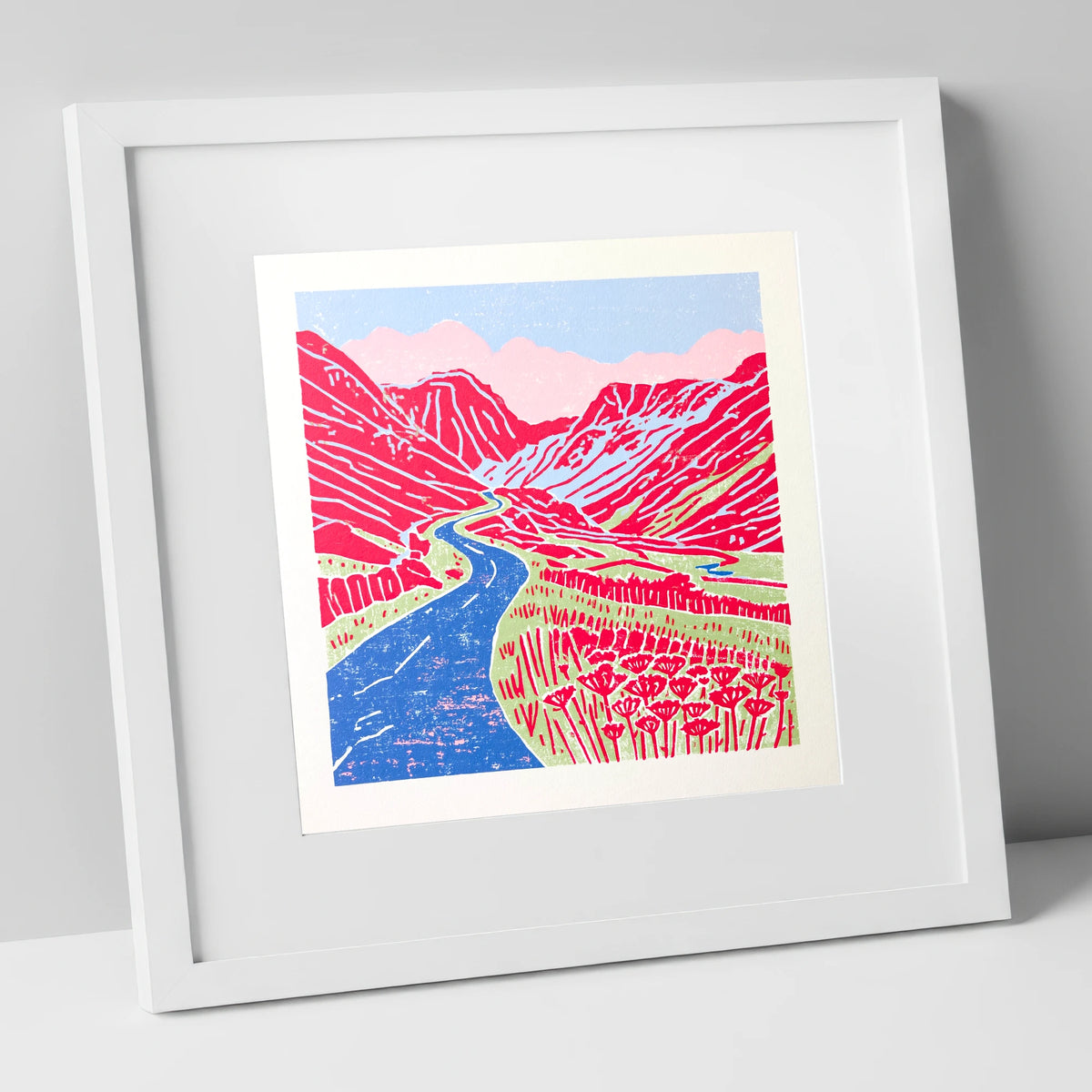 Red Fells Over Hardknott Pass lake district valley art print in white frame