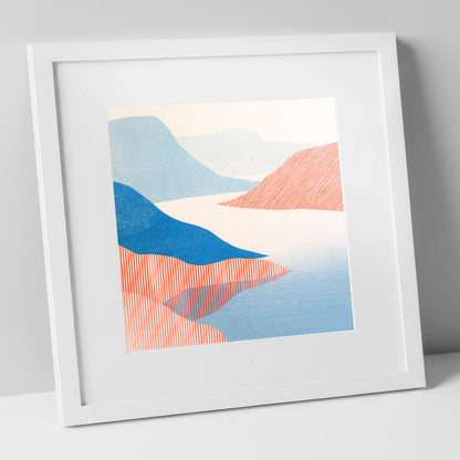 Coniston Water Fells in Coral lake district lake art print in white frame