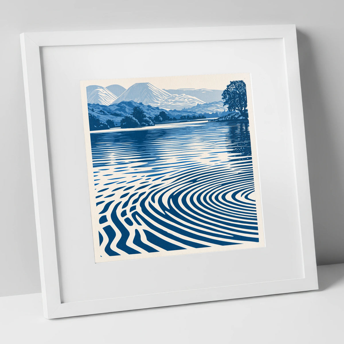 Calm Lake Ripples in Cobalt lake district lake art print in white frame