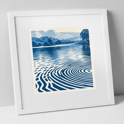 Calm Lake Ripples in Cobalt lake district lake art print in white frame