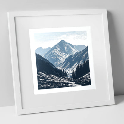Bowfell Peak in Slate Blue lake district fell art print in white frame