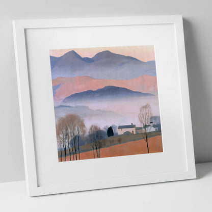 Pastel Fells and Morning Mist lake district sky art print in white frame