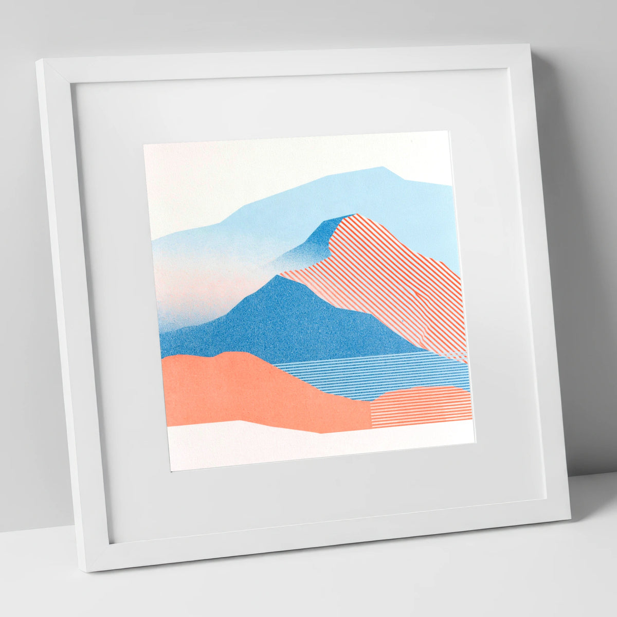 Graphic Coral Mountain Ridge lake district fell art print in white frame