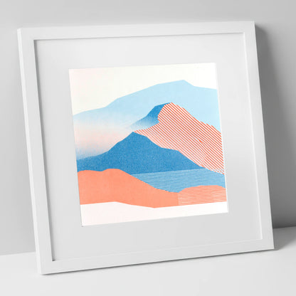 Graphic Coral Mountain Ridge lake district fell art print in white frame