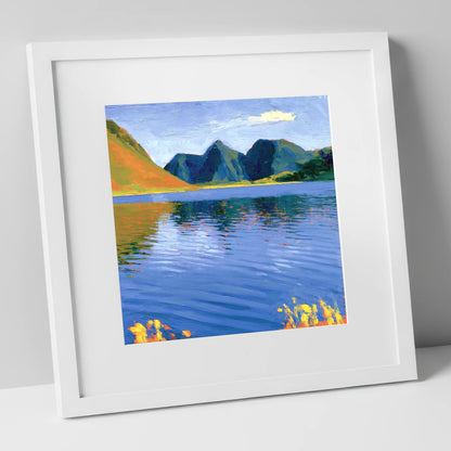 Vibrant Reflections on Loweswater lake district lake art print in white frame